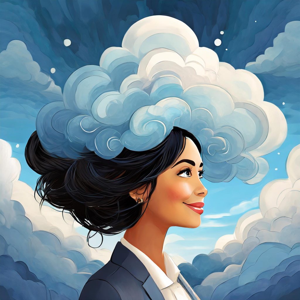 Firefly make me an image of a woman with clouds for hair 89938